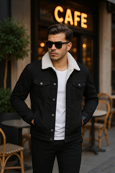 Pobudo Siyah Renk İçi Kürklü Erkek Kot Mont