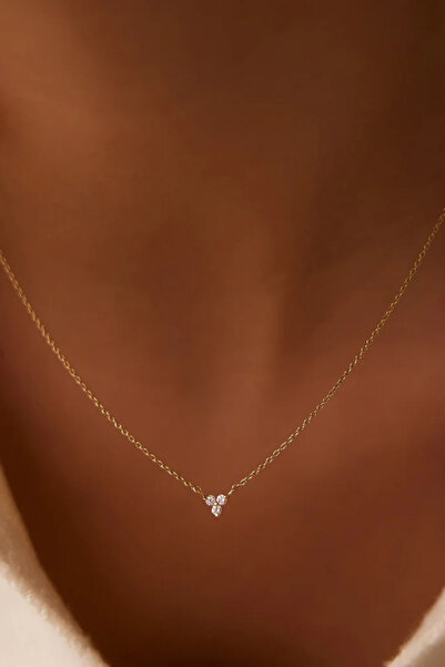 GENORO JEWEL 14 Ayar Altın Minimal Üç Taşlı Zarif Kadın Kolye