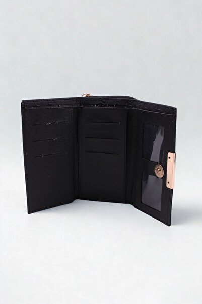 GALB LEATHER Black Color Large Size Women's Wallet with 2 Zipper Compartments for Coins and 6 Card Slots 17X10 cm