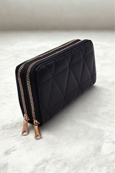 GALB LEATHER Culoare neagră Dimensiune mare 3 compartimente pentru monede cu fermoar 8 compartimente pentru carduri Portofel pentru femei Portofoliu de mână 20x12Cm