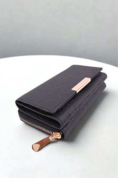GALB LEATHER Black Color Large Size Women's Wallet with 2 Zipper Compartments for Coins and 6 Card Slots 17X10 cm