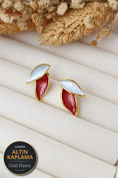 COSİTA Vintage Gül Kurusu Altın Kaplama Yaprak Küpe