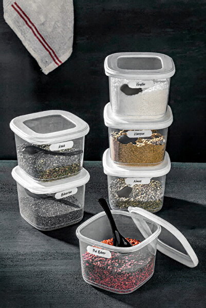 Vienev Square Food Storage Container with Labeled Spoon Set of 6 Small Size 0.55 Liters White