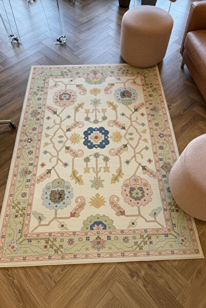 Arteluna Home Âfitap 701 Pembe Krem Vintage Etnik Yıkanabilir İnce Halı Mutfa...