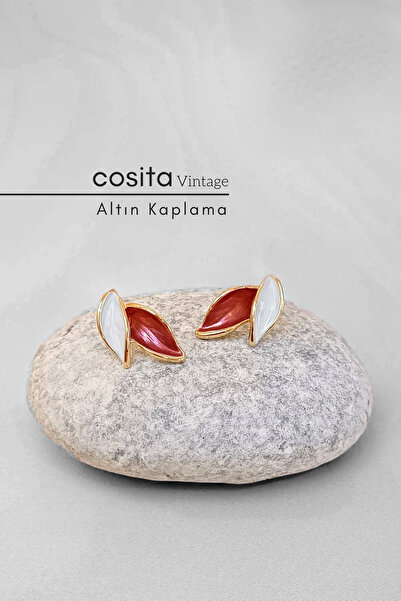 COSİTA Vintage Gül Kurusu Altın Kaplama Yaprak Küpe