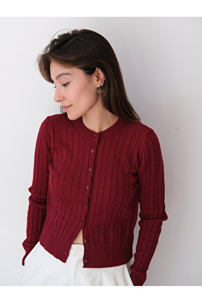 Butik Una Fiaba- Bordo Rengi Düğmeli Saç Örgü Kadın Triko Hırka