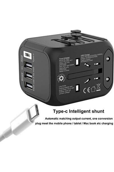 fulina محول طاقة عالمي، قابس تحويل شاحن 309T، 100-250 فولت 5 أمبير، 3 منافذ USB + Type-C