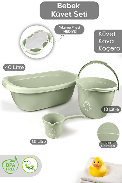 Meleni Baby 3'lü Set - Bebek Yıkama Banyo Küveti, Desenli Su Kovası, Maşrapa,...