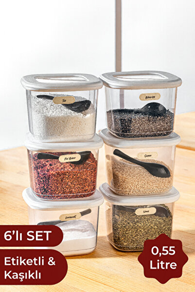 Vienev Square Food Storage Container with Labeled Spoon Set of 6 Small Size 0.55 Liters White