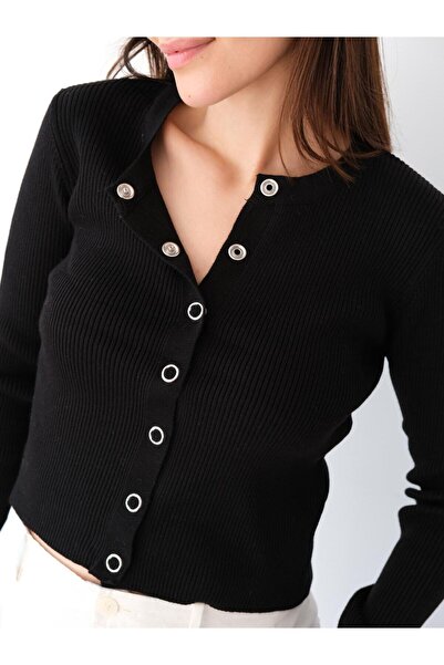 Butik Una Fiaba Siyah Kadın Bisiklet Yaka Çıtçıtlı Fitilli Örme Triko Hırka