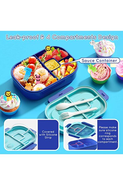 fulina Kids Bento Lunch Box,Leakproof,with 4 Compartments,with Tableware,1300 ML,Dishwasher Safe,for school