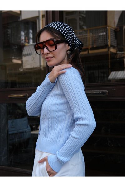 Butik Una Fiaba - Blue Color Hair Braid Buttoned Women's Knitwear Cardigan
