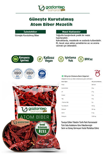 Gaziantep Baharat Atom Acı Biber – Kurutulmuş Mezelik Atom Biber 100 gr
