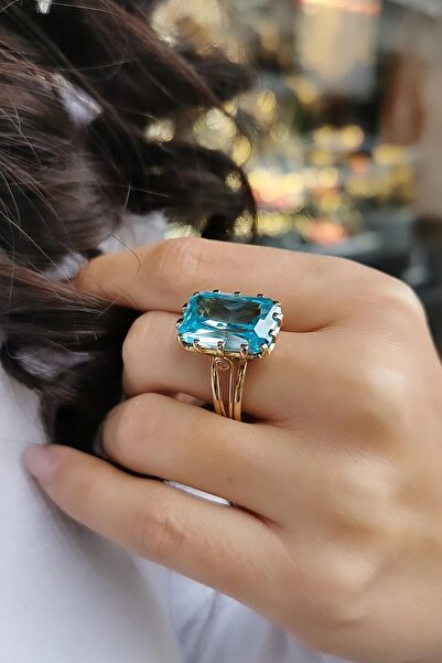 Utku Kuyumculuk 14 AYAR KRİSTAL AQUAMARİN RENGİ TAŞLI ALTIN YÜZÜK