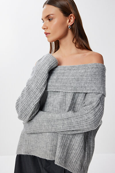 Lovelyİstanbul Gray Open Shoulder Knitwear Sweater - Lpf0005
