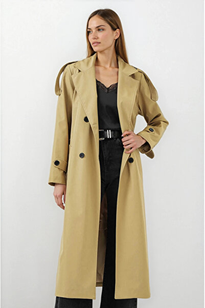 hazelin Kadın Yağ Yeşili Kruvaze Yaka Astarlı Kemerli Mevsimlik Trençkot HZL25W-BD159411