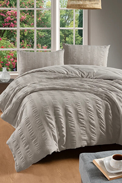 BED LİNE طقم غطاء لحاف مفرد من Seersucker باللون البيج