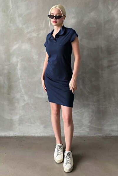 Madmext Lacivert Düğmeli Polo Yaka Kadın Elbise Mg2305