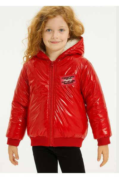 Casabony Palton roșu cu glugă din fibră pentru fetiță