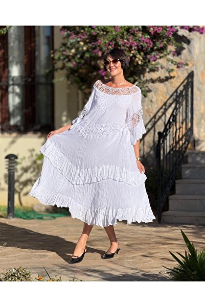 Punta Otantik VL12008 Yaka Detay Vual Elbise Beyaz