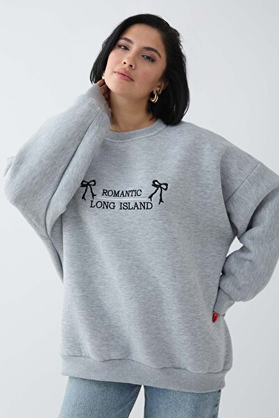 InStyle Fiyonk Yazı İşleme Gri Sweat