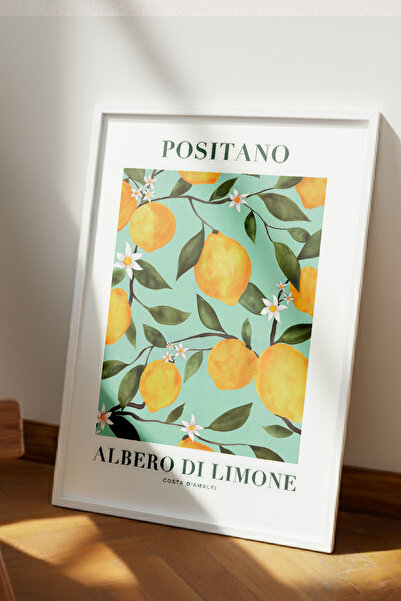 Wooden Factory Positano Limon Çiçekleri Beyaz Çerçeveli Tablo