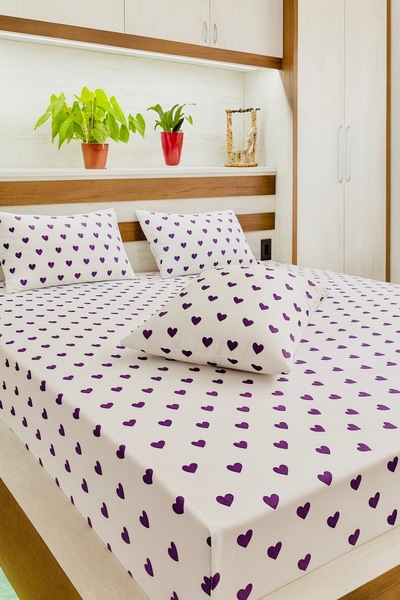 Felina Home Çift Kişilik Battal Boy Pamuklu Lastikli Çarşaf Takımı Lila Küçük Kalp Desen