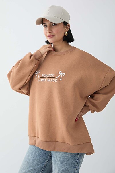 InStyle Fiyonk Yazı İşleme Camel Sweat