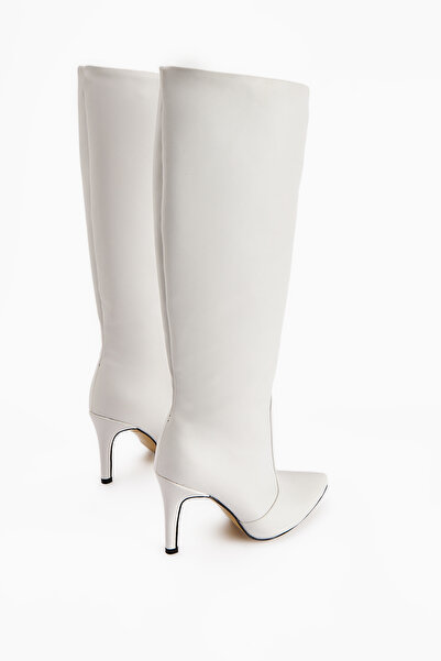 Limoya Lucine White Pointed Toe Thin Heeled Pull Women's Boots