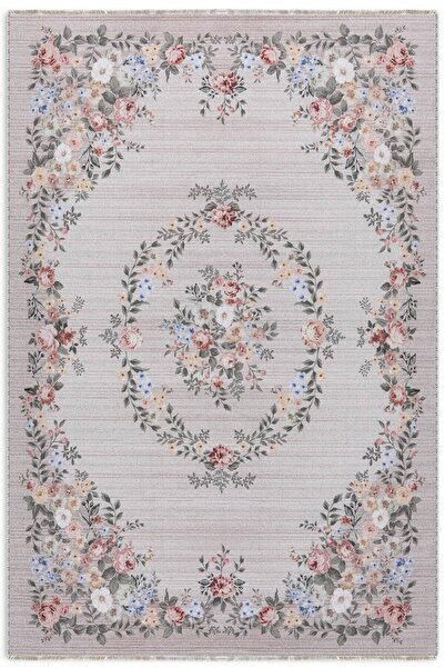 Pastel Home Eskitme çiçekli bej krem şönil halı kendinden saçaklı yıkanabilir...