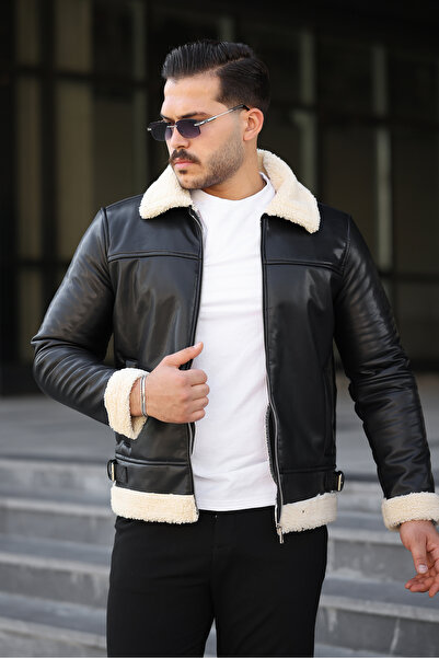 Boymen Ανδρικό δερμάτινο παλτό Χειμερινό δερμάτινο μπουφάν αντιανεμικό με γούνα