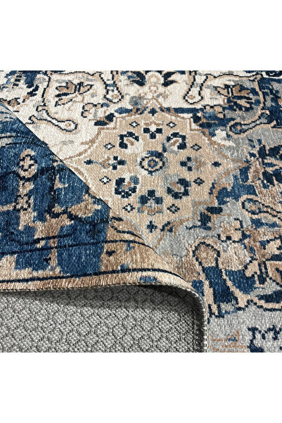 Pastel Home Saçaklı Şönil Pamuk Dekoratif Halı Kilim Yolluk Mavi Lacivert Geçişli Bej Detaylı Tasarım