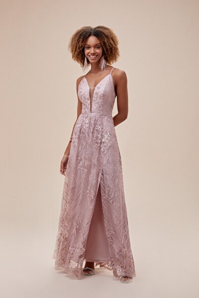Oleg Cassini Viola Chan Powder Pink Sequin Embroidered Thin Strap Slit Long Dress