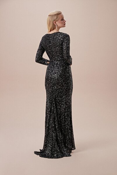 Oleg Cassini Black Sequin Embroidered Long Sleeve V Neck Long Evening Dress