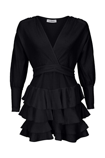 La Sarta Ribera Kadın Siyah Fırfırlı Kat Kat Vatkalı Elbise
