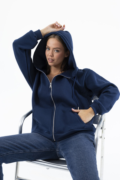 GİYSA Γυναικείο φούτερ με κουκούλα με φερμουάρ 3ip Indigo - 9015 - 264401