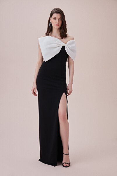 Oleg Cassini Strapless Black Crepe Dress - Bow and Slit Detail