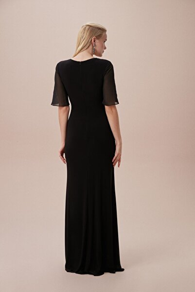 Oleg Cassini Black Deep V-neck Short Sleeve Tulle Detailed Chiffon Long Dress