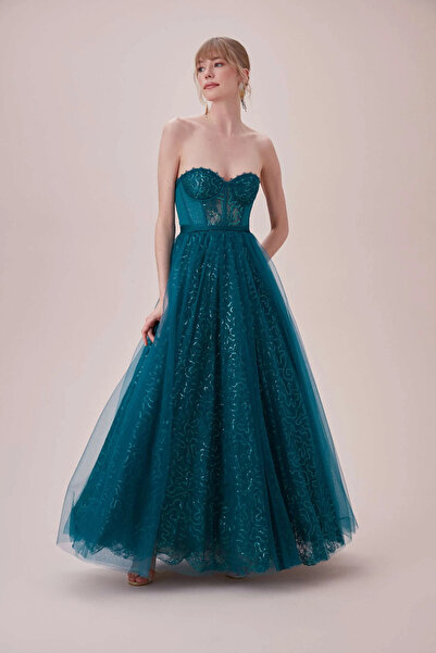 VIOLA CHAN فستان سهرة طويل بدون حمالات مطرز بالترتر باللون الأخضر الزمردي