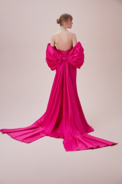 Oleg Cassini Neon Pink Satin Long Dress - Strapless and Balloon Sleeves