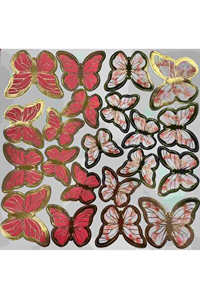 Deniz Party Store Gold  Varaklı Kırmızı 3 D 21 Li Kelebek Sticker Balon Pasta Süsü