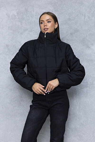 GİYSA Women's Mock Neck Zippered Double Pocket Short Puffer Coat Black - 1020
