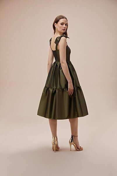 Oleg Cassini Khaki Bow Strap Square Collar Midi Taffeta Dress