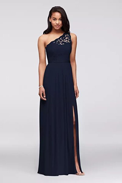 Oleg Cassini One Shoulder Navy Blue Lace Evening Dress - F17063