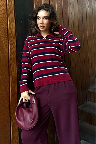Madmext Bordo Çizgili Polo Yaka Düğmeli Kadın Kazak MG2561
