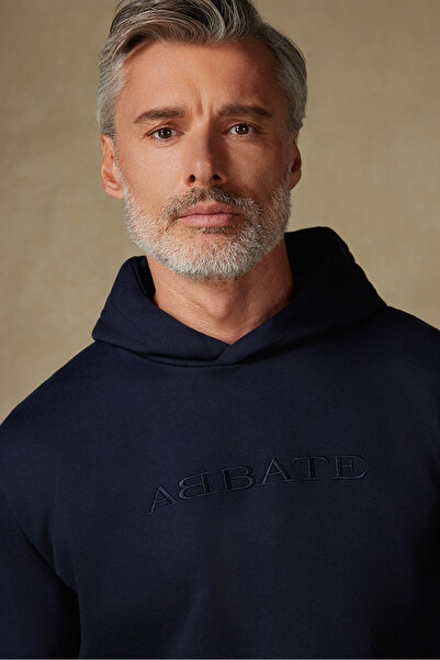 Abbate Special Design Embroidery Detailed Cotton Relaxed Cut Navy Blue Hooded Oversize Sweatshirt Hoodie