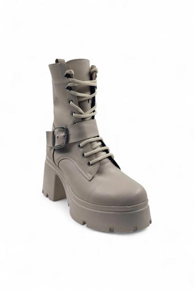 Melen Shoes Glint Bej Rahat Kadın Bağcıklı Bot