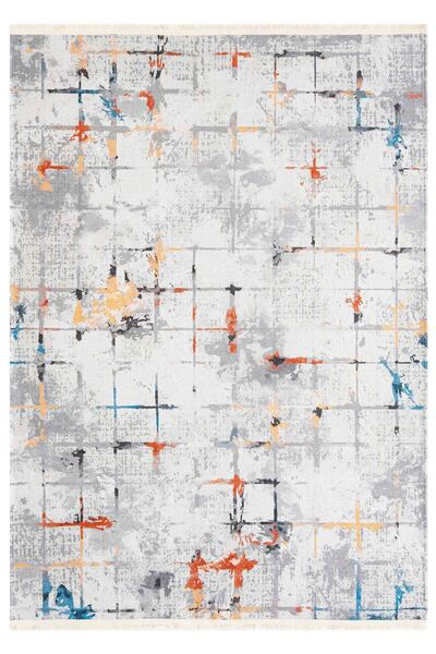 Oriente Home Modern Desenli Yıkanabilir Kaymaz Taban Şönil Gri Turuncu Mavi Mutfak Halısı 8393