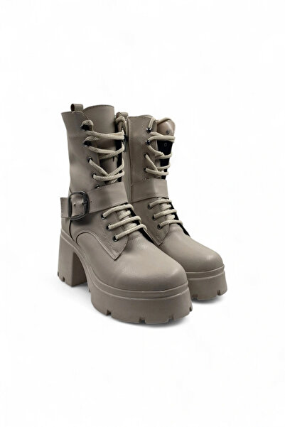 Melen Shoes Glint Bej Rahat Kadın Bağcıklı Bot