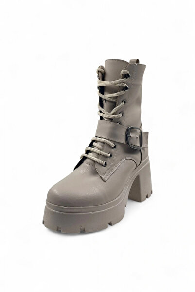 Melen Shoes Glint Bej Rahat Kadın Bağcıklı Bot